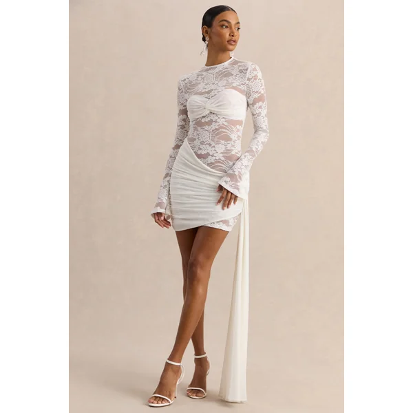 Milavia | Mini-robe blanche en dentelle à encolure arrondie avec détail portefeuille et écharpe
