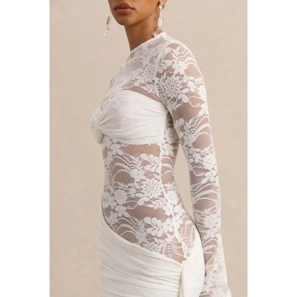Milavia | Mini-robe blanche en dentelle à encolure arrondie avec détail portefeuille et écharpe