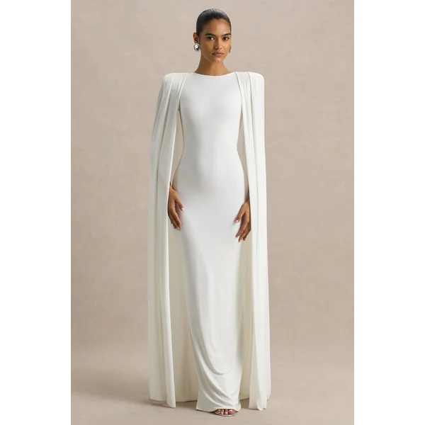 Mimi | Robe longue blanche à col haut et manches-capes
