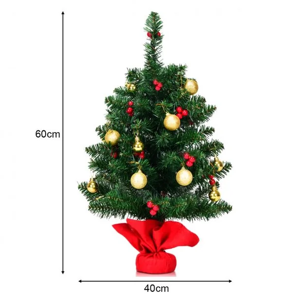Mini Sapin de Noël Artificiel de Table H60CM 15 Lumières LED avec 73 Branches en PVC Ornements Dorés Baies Rouges à Piles
