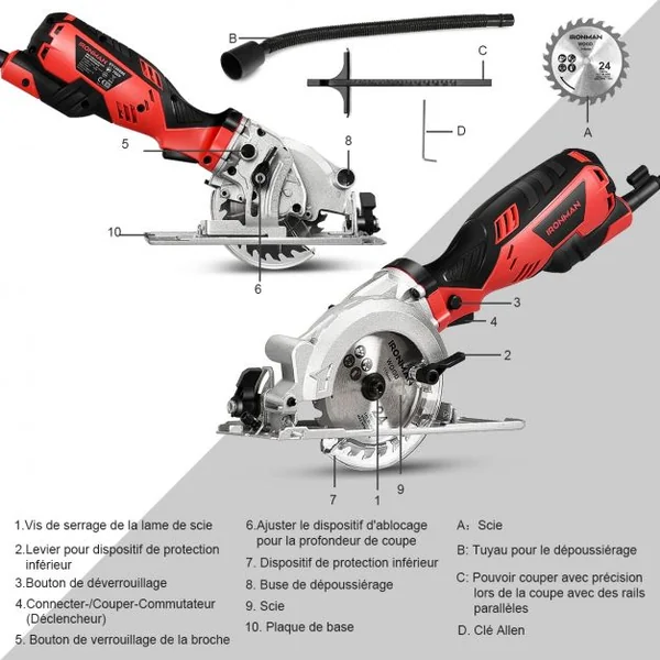 Mini Scie Circulaire à Main Plongeante 705 W avec Lames de 115 mm Découpe 28,5mm à 45° Poignée Ergonomique Rouge
