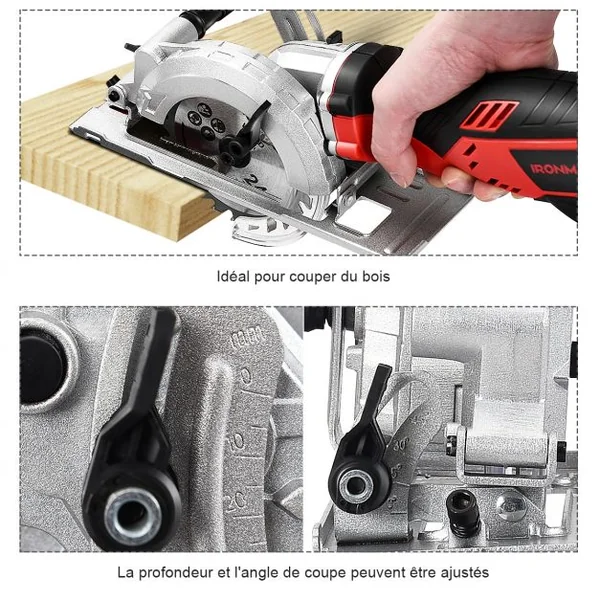 Mini Scie Circulaire à Main Plongeante 705 W avec Lames de 115 mm Découpe 28,5mm à 45° Poignée Ergonomique Rouge