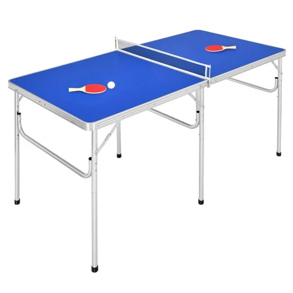 Mini table de Ping-pong pliable et portable avec 1 filet 2 Raquettes et 4 Balles 152,4x76,2x76,2cm Bleu