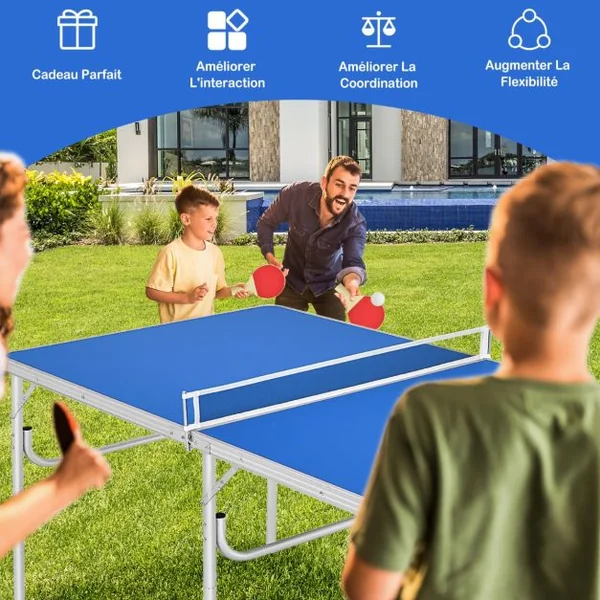 Mini table de Ping-pong pliable et portable avec 1 filet 2 Raquettes et 4 Balles 152,4x76,2x76,2cm Bleu