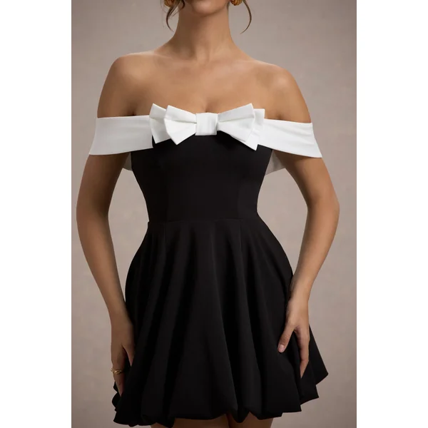 Minimoiselle | Mini-robe bardot noire et blanche avec nœud et jupe bouffante