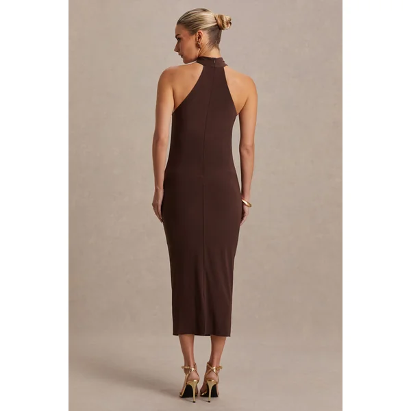 Mireille | Robe mi-longue de maternité marron à encolure américaine