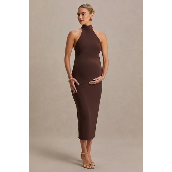 Mireille | Robe mi-longue de maternité marron à encolure américaine