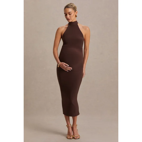 Mireille | Robe mi-longue de maternité marron à encolure américaine