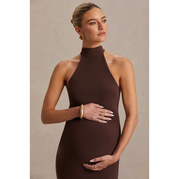 Mireille | Robe mi-longue de maternité marron à encolure américaine