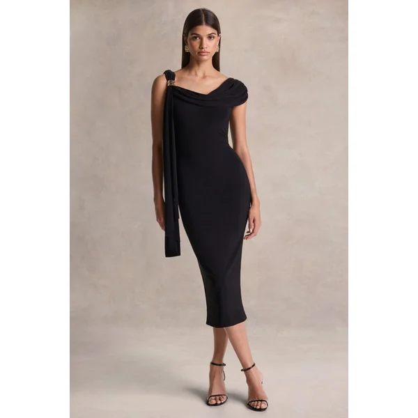 Mirelda | Robe mi-longue noire à encolure asymétrique avec détail doré