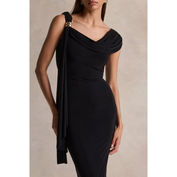 Mirelda | Robe mi-longue noire à encolure asymétrique avec détail doré