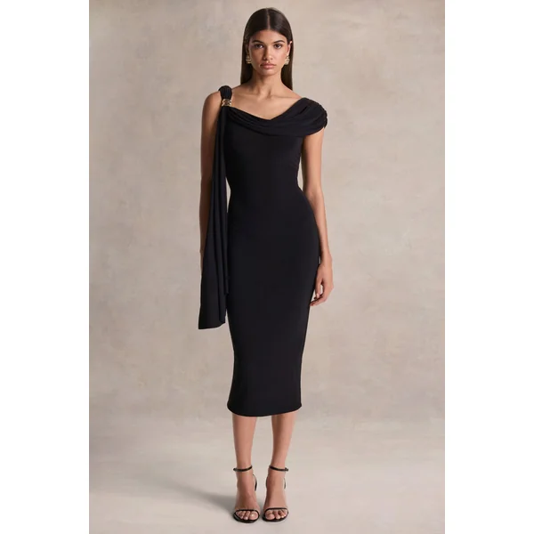 Mirelda | Robe mi-longue noire à encolure asymétrique avec détail doré