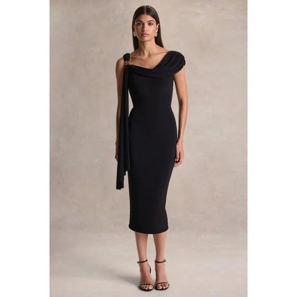 Mirelda | Robe mi-longue noire à encolure asymétrique avec détail doré