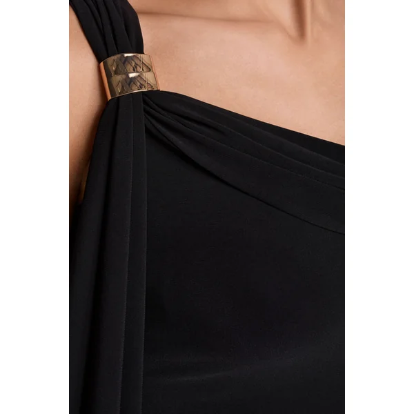 Mirelda | Robe mi-longue noire à encolure asymétrique avec détail doré