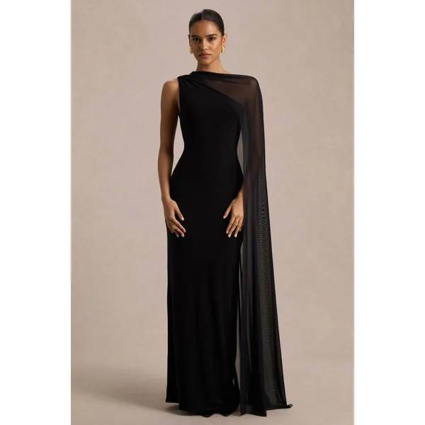 Mirelle | Robe longue noire à encolure asymétrique avec manche-cape transparente
