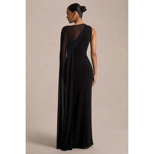 Mirelle | Robe longue noire à encolure asymétrique avec manche-cape transparente