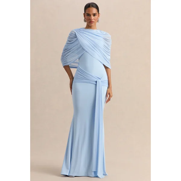 Mirene | Robe longue bleu poudré à encolure ronde avec détails froncés et ceinture fluide