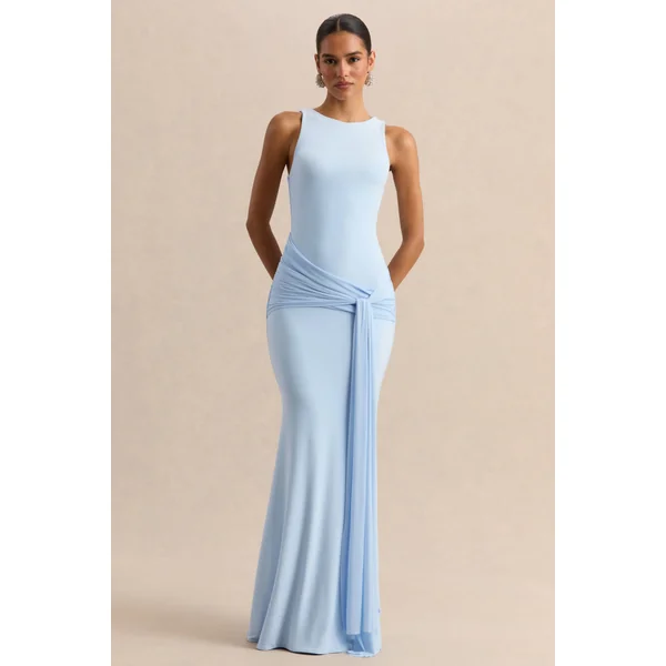 Mirene | Robe longue bleu poudré à encolure ronde avec détails froncés et ceinture fluide
