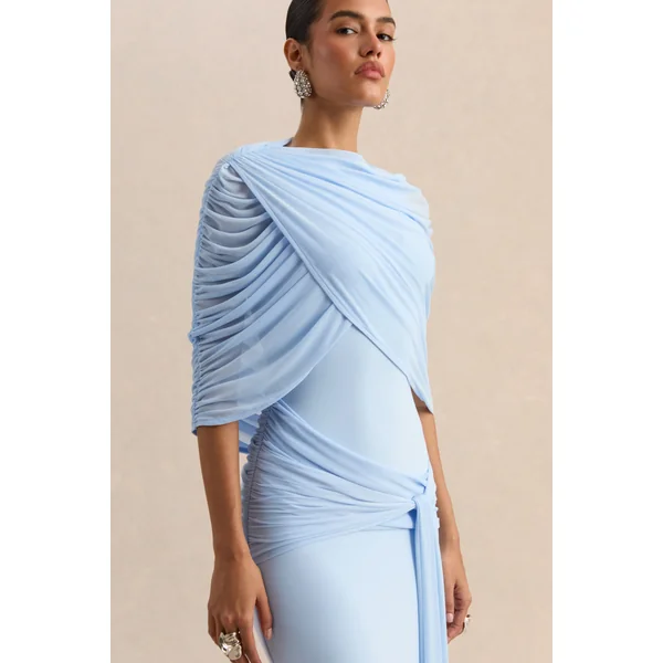 Mirene | Robe longue bleu poudré à encolure ronde avec détails froncés et ceinture fluide