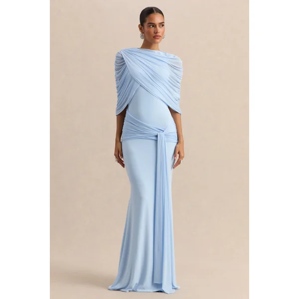 Mirene | Robe longue bleu poudré à encolure ronde avec détails froncés et ceinture fluide