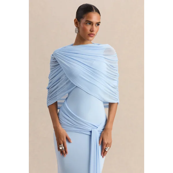 Mirene | Robe longue bleu poudré à encolure ronde avec détails froncés et ceinture fluide