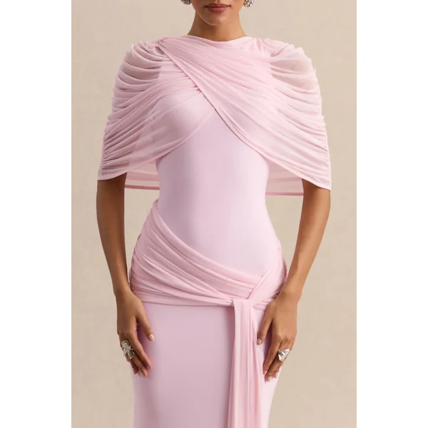Mirene | Robe longue rose clair à encolure ronde avec détails froncés et ceinture fluide