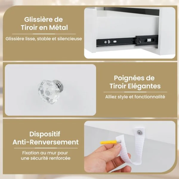 Miroir de Maquillage sur Coiffeuse Miroir de Courtoisie avec 2 Tiroirs Amovible Blanc