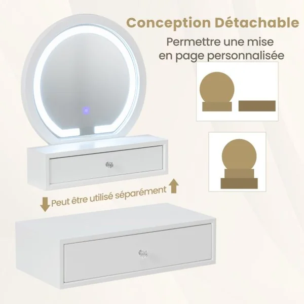Miroir de Maquillage sur Coiffeuse Miroir de Courtoisie avec 2 Tiroirs Amovible Blanc