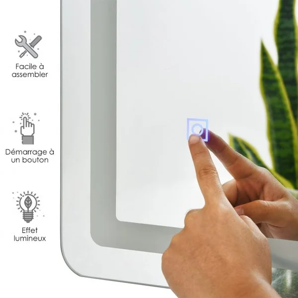 Miroir Mural de Salle de Bain avec Éclairage Led Intégré 50 000 H Blanc Froid 12 V 100 X 60cm Blanc