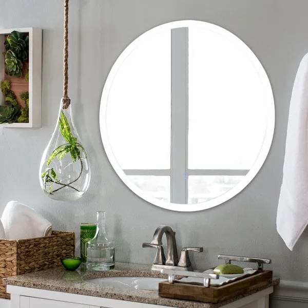 Miroir Mural Ovale Éclairage LED Intégré et Commutateur Intelligent pour Salle de Bain en Verre, 60x60x5,5cm, Blanc