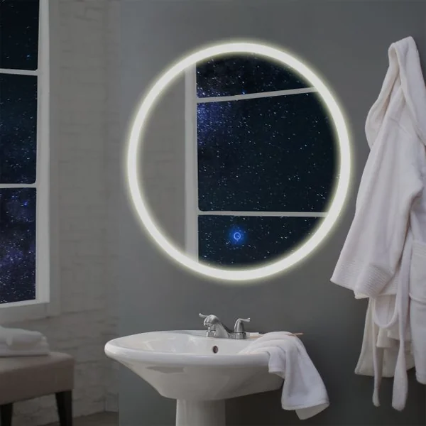 Miroir Mural Ovale Éclairage LED Intégré et Commutateur Intelligent pour Salle de Bain en Verre, 60x60x5,5cm, Blanc