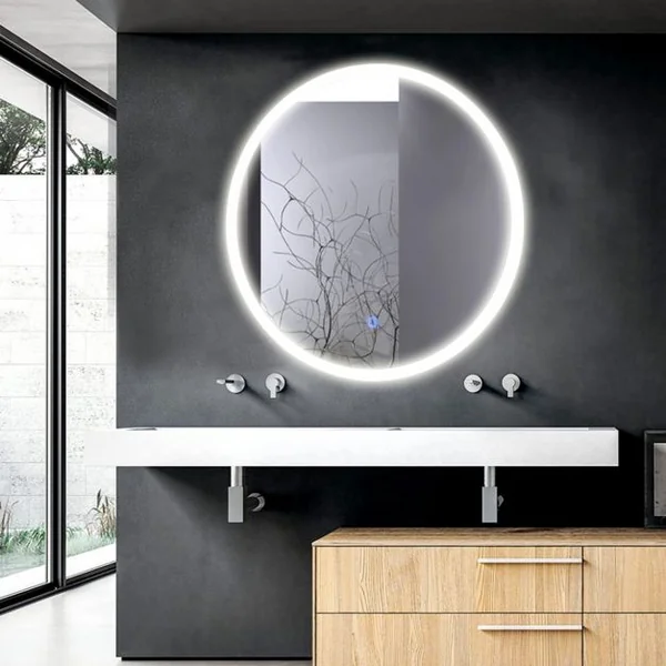 Miroir Mural Ovale Éclairage LED Intégré et Commutateur Intelligent pour Salle de Bain en Verre, 60x60x5,5cm, Blanc