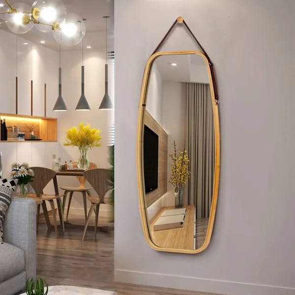 Miroir Mural Suspendu avec Cadre en Bambou et Sangle en Cuir Réglable Coin Arrondi 99 x 45 x 1,5cm