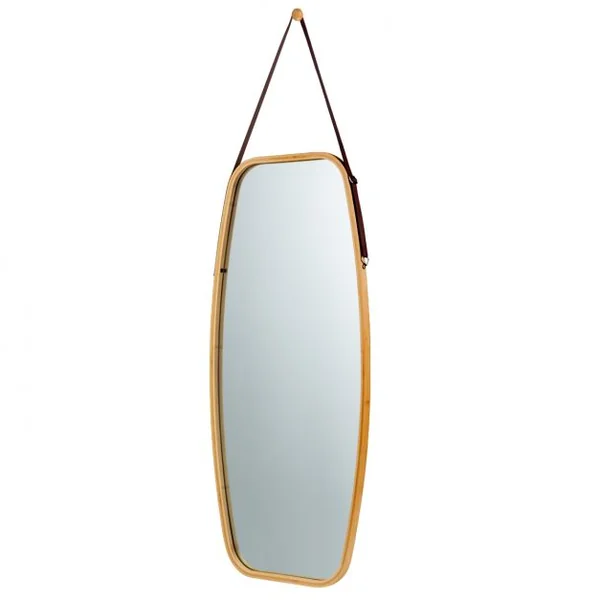 Miroir Mural Suspendu avec Cadre en Bambou et Sangle en Cuir Réglable Coin Arrondi 99 x 45 x 1,5cm
