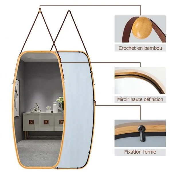 Miroir Mural Suspendu avec Cadre en Bambou et Sangle en Cuir Réglable Coin Arrondi 99 x 45 x 1,5cm