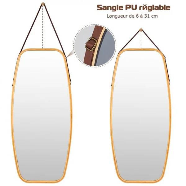 Miroir Mural Suspendu avec Cadre en Bambou et Sangle en Cuir Réglable Coin Arrondi 99 x 45 x 1,5cm