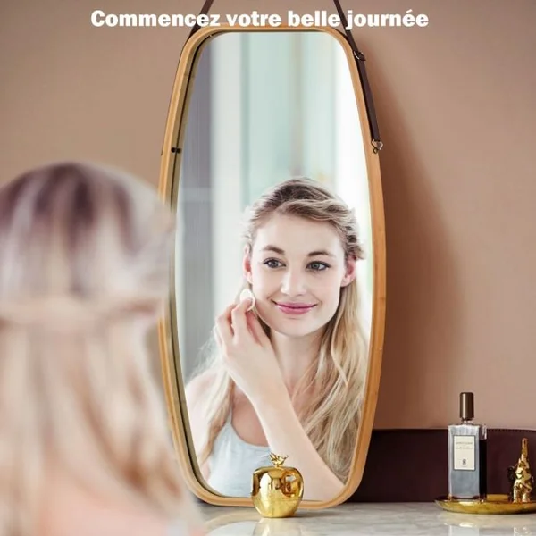 Miroir Mural Suspendu avec Cadre en Bambou et Sangle en Cuir Réglable Coin Arrondi 99 x 45 x 1,5cm