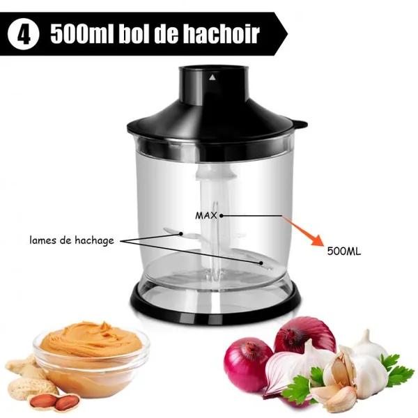 Mixeur Multifonction Inox 1000W Batteur Electrique avec Mélangeur 700ml et Chopper 500ml 1000ml Bol de traitement des aliments Noir
