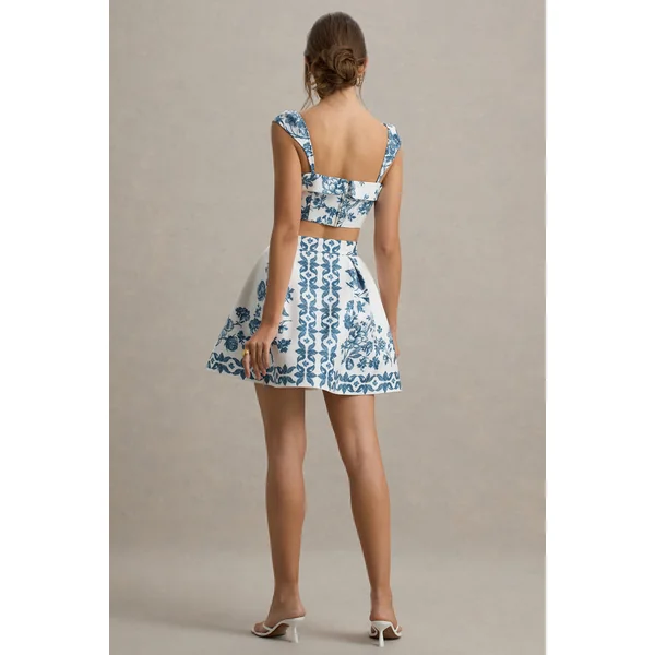 Modella | Mini-Jupe Patineuse Imprimé Porcelaine Bleue