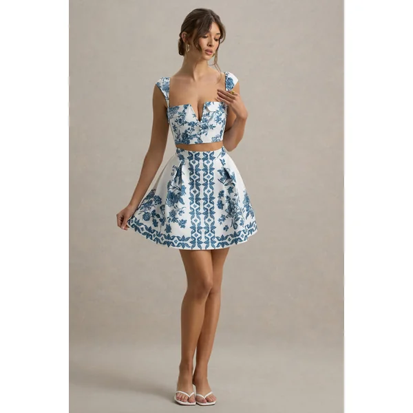 Modella | Mini-Jupe Patineuse Imprimé Porcelaine Bleue
