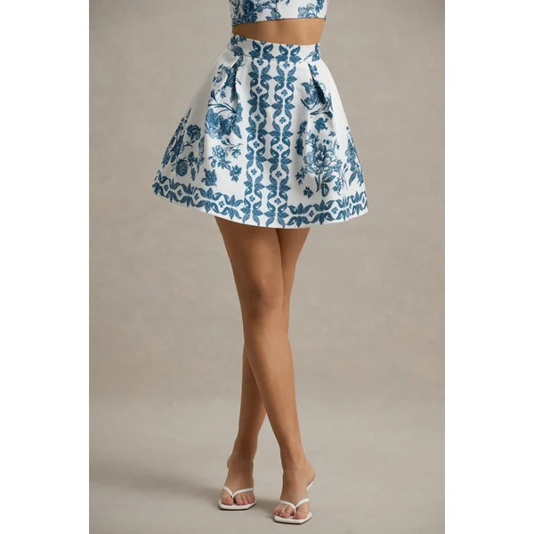 Modella | Mini-Jupe Patineuse Imprimé Porcelaine Bleue