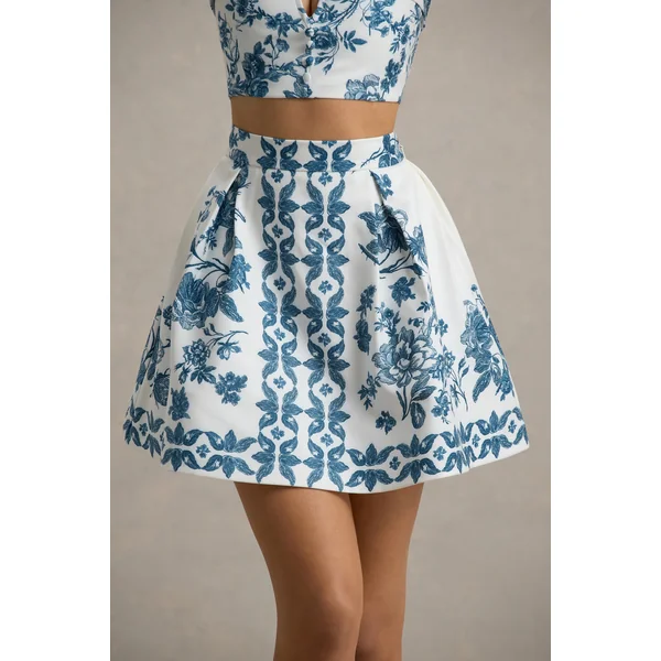Modella | Mini-Jupe Patineuse Imprimé Porcelaine Bleue