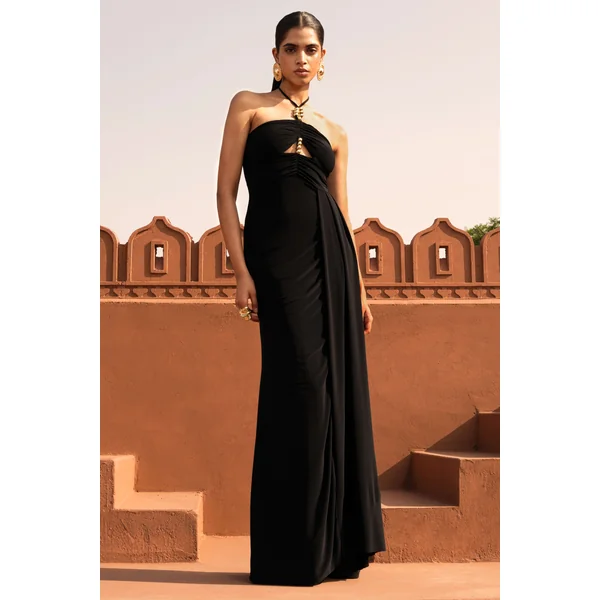 Mohito | Robe longue noire dos nu à découpe et fente