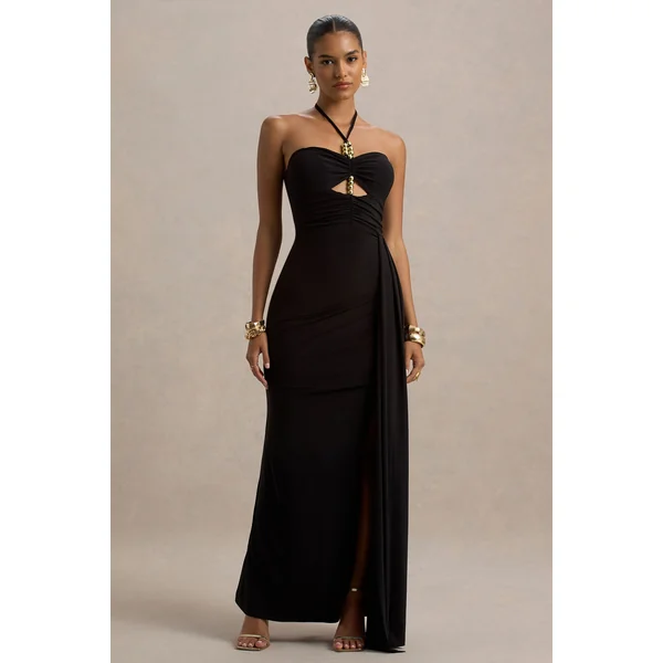 Mohito | Robe longue noire dos nu à découpe et fente
