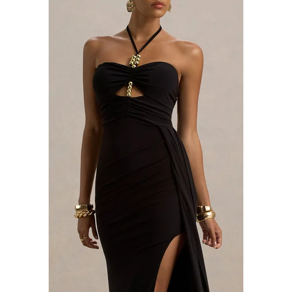 Mohito | Robe longue noire dos nu à découpe et fente