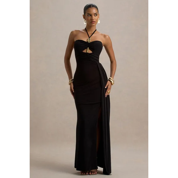 Mohito | Robe longue noire dos nu à découpe et fente