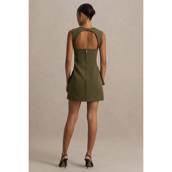 Mollie | Micro Mini-robe kaki à encolure carrée et coupe tailleur