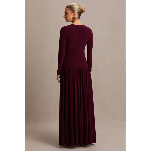 Monroe | Robe longue de maternité bordeaux à encolure ras-du-cou et taille basse