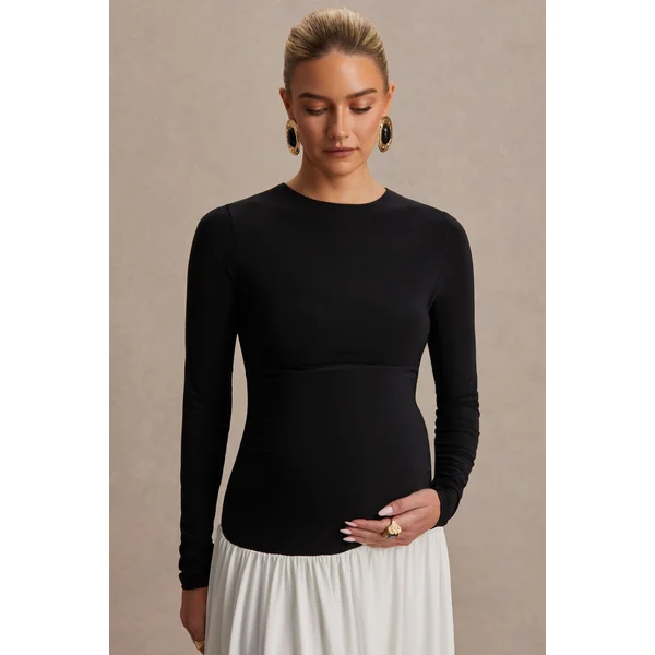 Monroe | Robe longue noir et blanc à encolure ronde avec taille basse