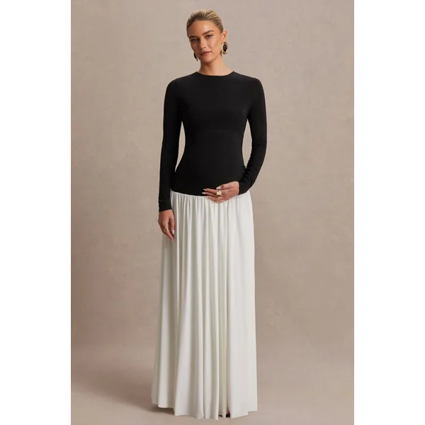Monroe | Robe longue noir et blanc à encolure ronde avec taille basse